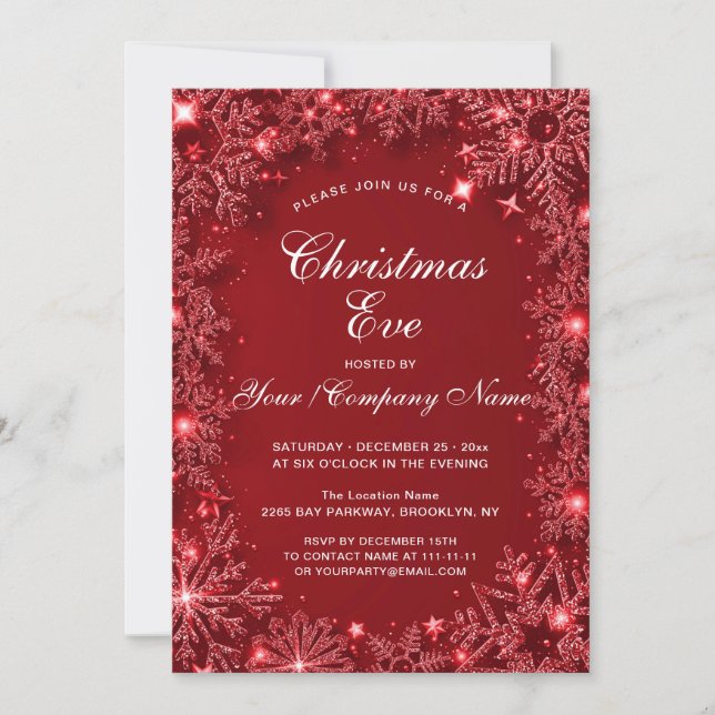 Red Sparkle Snowflakes Christmas Eve Party Invitation (Front)