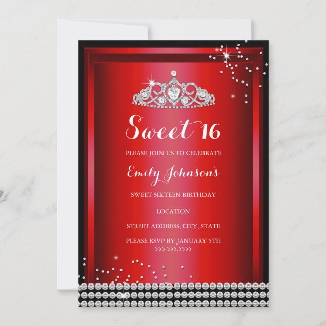 Red Sparkle Tiara Sweet 16 Birthday Invitation (Front)