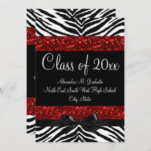 Red Sparkle Zebra Bow Graduation Invitation