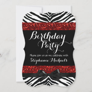 Red Sparkle Zebra Girl's Birthday Invitation