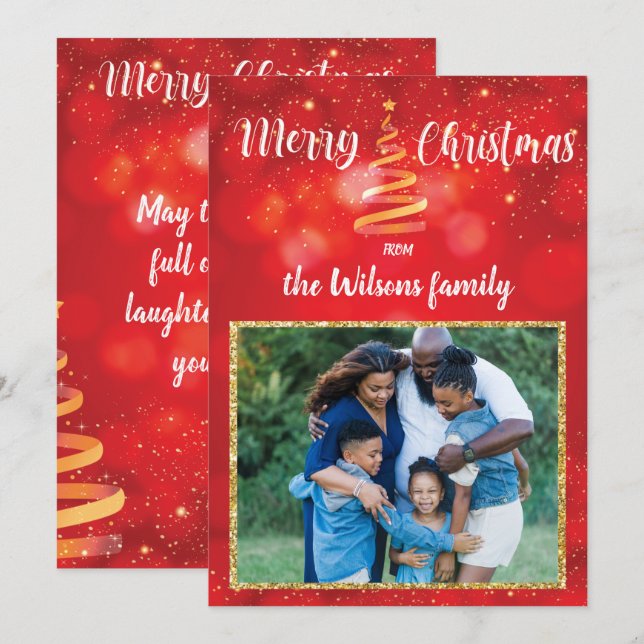 Red Sparkles Christmas Family Photo Greeting Card (Front/Back)