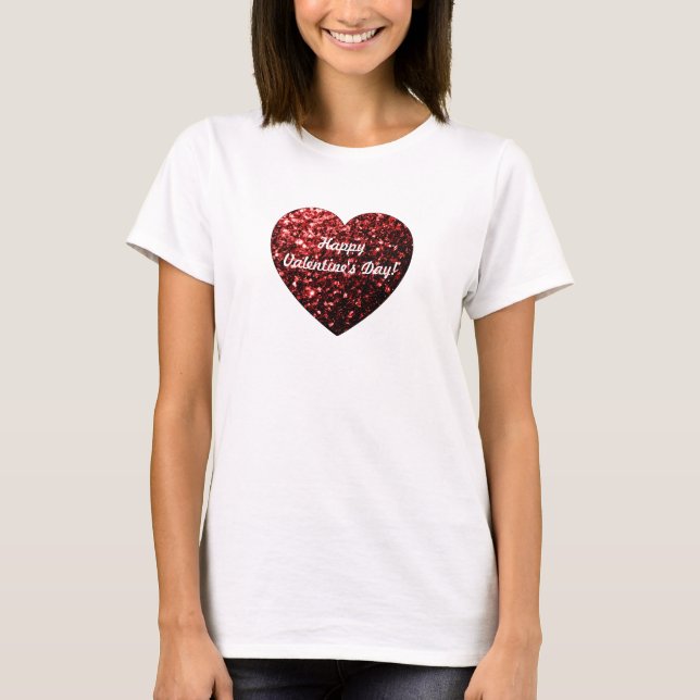 Red sparkles Heart Happy Valentine Day Personalise T-Shirt (Front)