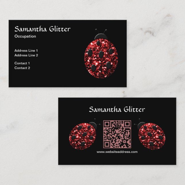 Red sparkles Ladybug Custom QR code Black Business Card (Front/Back)