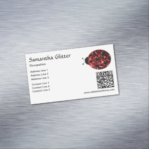 Red sparkles Ladybug QR code white Custom Magnetic Business Card