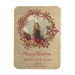 Red Sparkles Snowflakes Christmas Family Photo Magnet