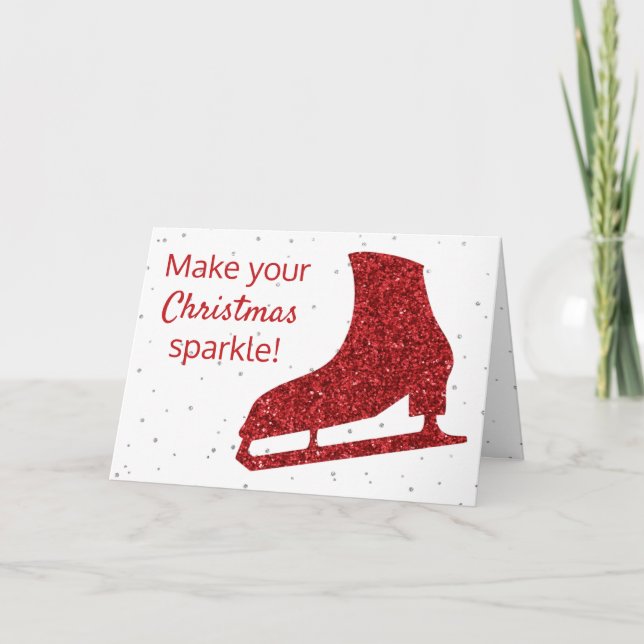 Red sparkling ice skating Christmas Card (Front)