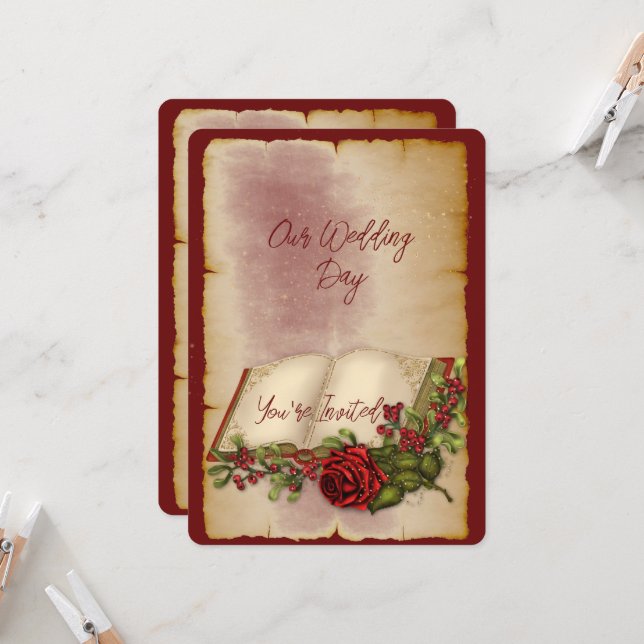 Red Sparkling Roses On Gold Colour Bible Pages  Invitation (Front/Back In Situ)