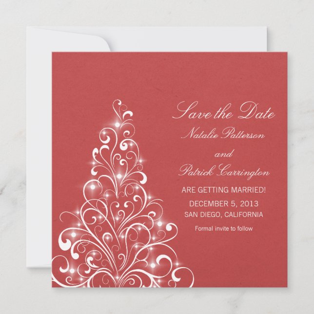 Red Sparkly Holiday Tree Save the Date Invite (Front)
