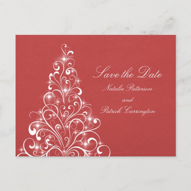 Red Sparkly Holiday Tree Save the Date Postcard (Front)