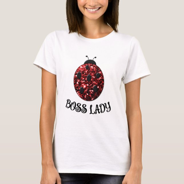 Red sparkly Ladybug BOSS LADY Personalize T-Shirt (Front)