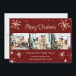 Red Sparkly Snowflake Photo Collage Holiday Card<br><div class="desc">Cute red photo collage Merry Christmas and Happy New Year card featuring snowflakes and stars on the front and falling snow at the back. Easily personalise this elegant holiday card with your photos and text.</div>