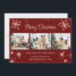 Red Sparkly Snowflake Photo Collage Holiday Card<br><div class="desc">Cute red photo collage Merry Christmas and Happy New Year card featuring snowflakes and stars on the front and falling snow at the back. Easily personalise this elegant holiday card with your photos and text.</div>