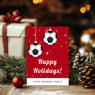 Red & Sparkly Soccer Ball Ornament Sports Theme    Holiday Card