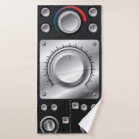Red speakers with amplifier and control knobs