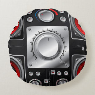 Red speakers with amplifier and control knobs round cushion