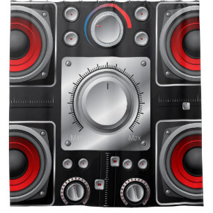 Red speakers with amplifier and control knobs shower curtain
