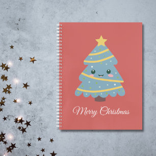 Red Spiral Notebook with a Kawaii Christmas Tree 