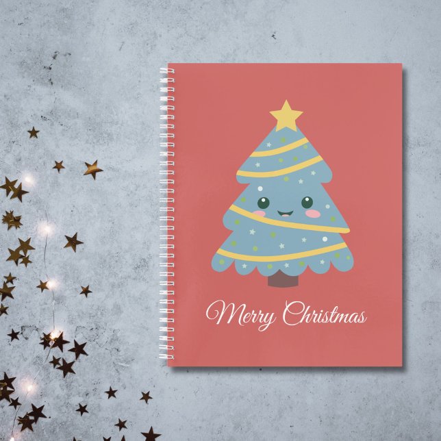 Red Spiral Notebook with a Kawaii Christmas Tree  (Red Spiral Notebook with a Kawaii Christmas Tree )