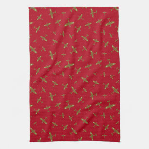 Red Spitfire Warplane Patterned Tea Towel