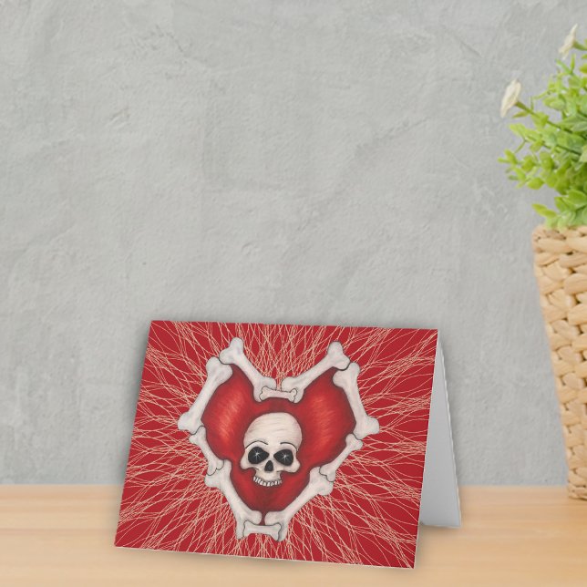 Red Spooky Heart Bone Outline Skull Spider Web Card (Gothic red heart outlined in bones on red with white abstract lines note card.)