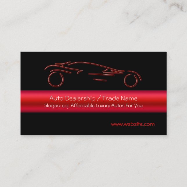 Red Sports Auto on black, red metallic-look stripe Business Card (Front)