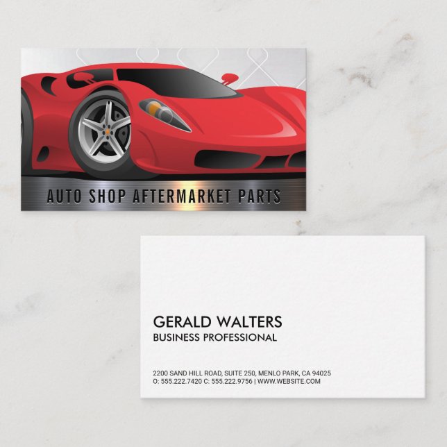 Red Sports Car Auto | Metallic Trim Business Card (Front/Back)