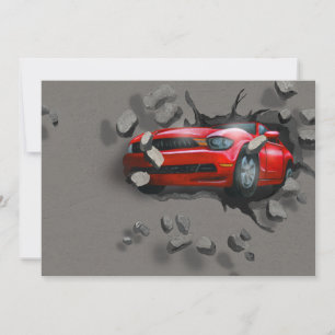 Red Sports Car Crashing Through Wall Invitation
