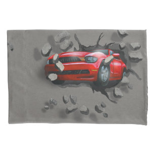 Red Sports Car Crashing Through Wall Pillowcase