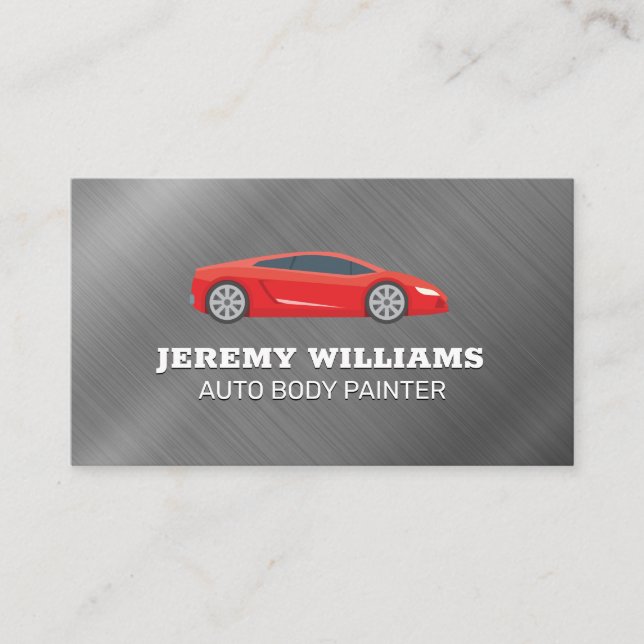 Red Sports Car | Metallic Brushed Background Business Card (Front)