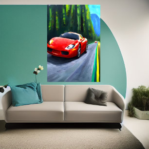 Red sports car on the road   AI Art Poster