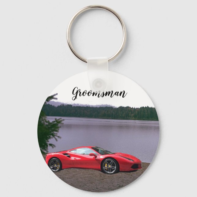 Red Sports Car Personalised Groomsman Keychain (Front)