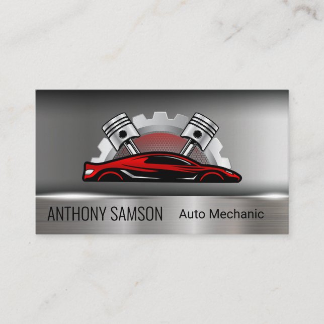 Red Sports Car | Pistons Gear | Mechanic Business Card (Front)