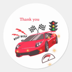 Red Sports Car Racing Theme Party Invite thank you Classic Round Sticker