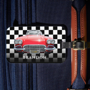 Red Sport's Car, White Name, B/W Chequered Luggage Tag