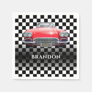 Red Sport's Car, White Name, B/W Chequered Napkin