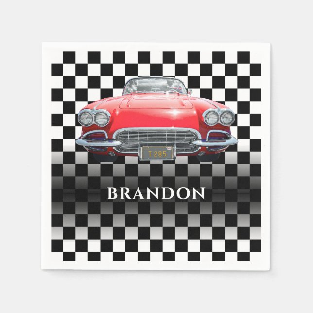 Red Sport's Car, White Name, B/W Chequered Napkin (Front)