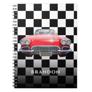 Red Sport's Car, White Name, B/W Chequered Notebook