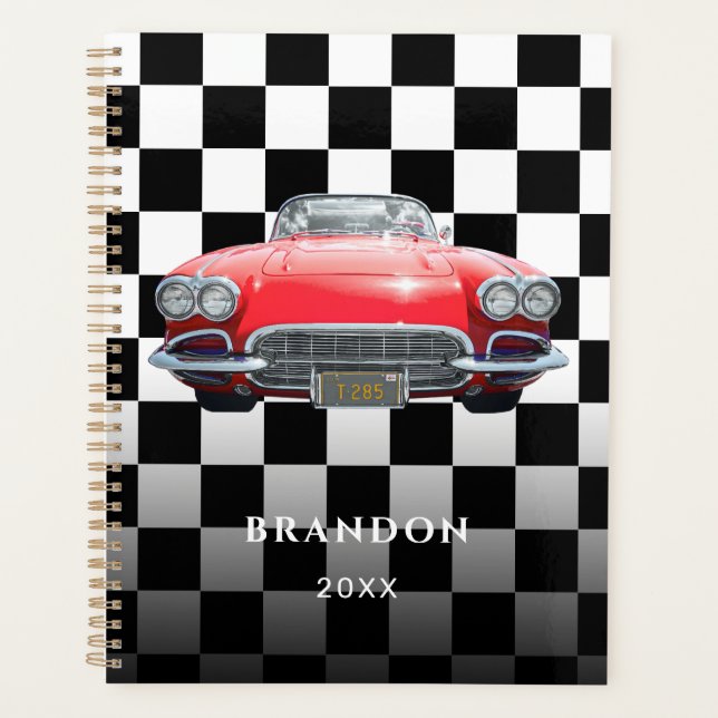 Red Sport's Car, White Name, B/W Chequered Planner (Front)