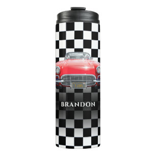 Red Sport's Car, White Name, B/W Chequered Thermal Tumbler