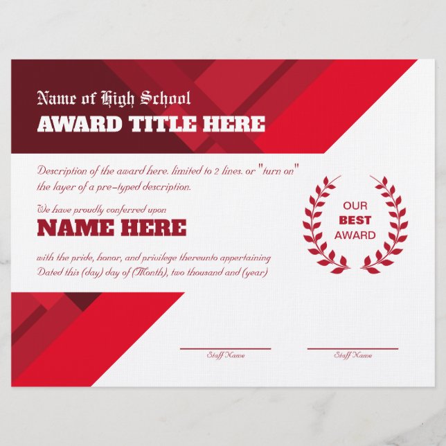 RED SPORTS Recognition Award Certificate Custom Letterhead (Front)