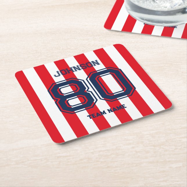 Red Sports Team Custom Name Number Team Gameday Square Paper Coaster (Angled)