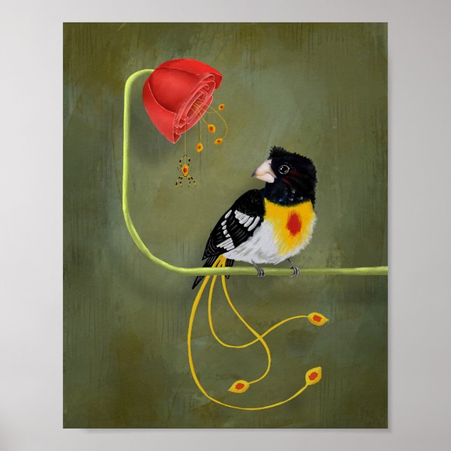 Red Spot Yellow Breasted Bird with Banana Spider Poster (Front)
