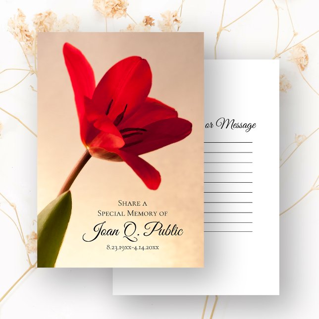 Red Spring Tulip Flower Share a Memory Funeral  Card (Creator Uploaded)