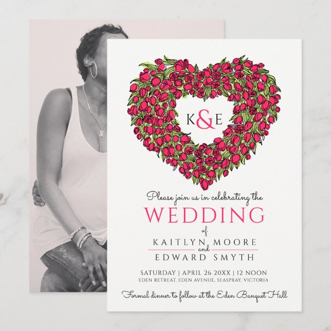 Red spring tulips drawing heart wedding photo invitation (Front/Back)