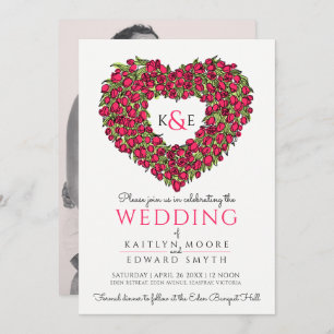 Red spring tulips drawing heart wedding photo invitation