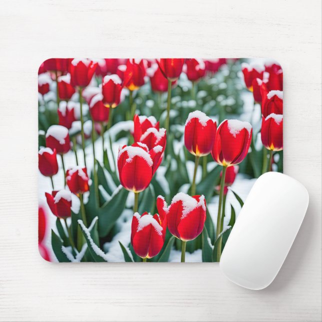 Red Spring Tulips In Snow Mouse Mat (With Mouse)