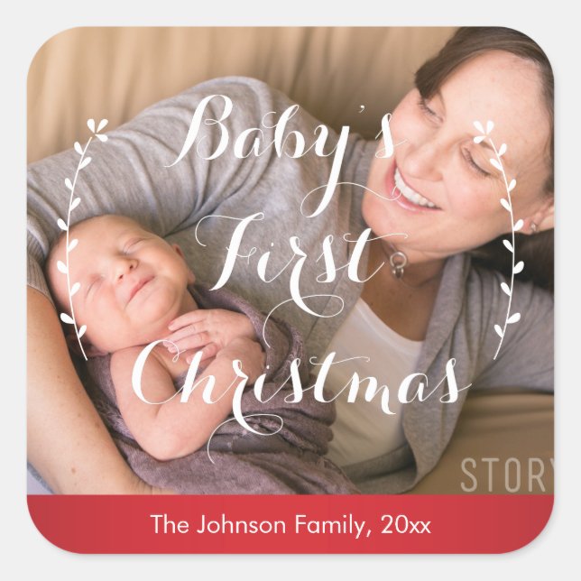 Red Square Baby's First Christmas Photo Stickers (Front)