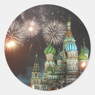 red square fireworks classic round sticker