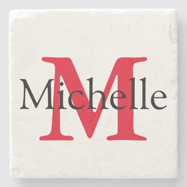 Red Square Monogram Personalised Stone Coaster (Front)