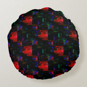 Red square mosaic overlay over dark green patches round cushion